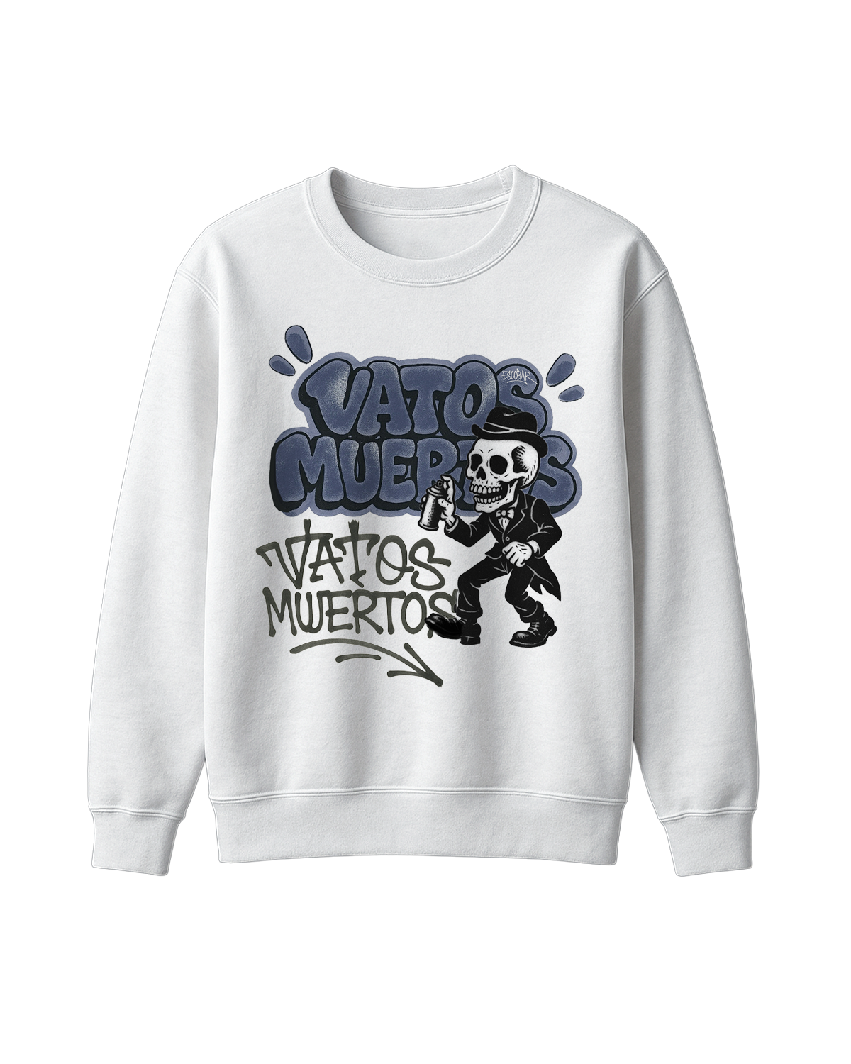 White sweatshirt with graphic design and text on a white background