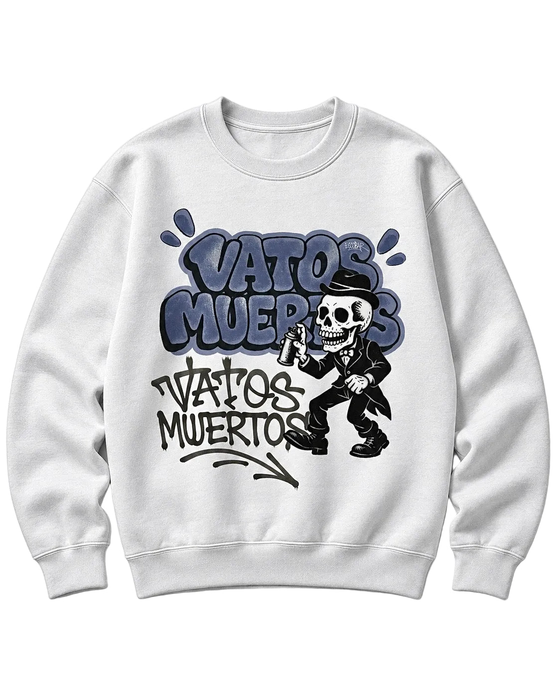 A white crewneck sweatshirt featuring a graphic print with the text 'VATOS MUERTOS' in stylized blue and black lettering, accompanied by a cartoon skeleton dressed in a black suit and top hat.