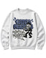 A white crewneck sweatshirt featuring a graphic print with the text 'VATOS MUERTOS' in stylized blue and black lettering, accompanied by a cartoon skeleton dressed in a black suit and top hat.