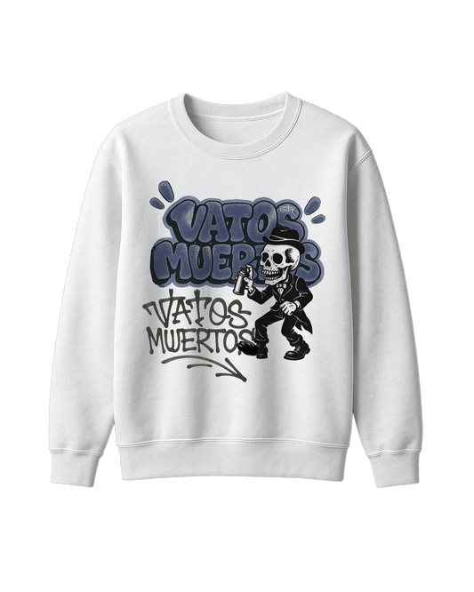 White sweatshirt with graphic design and text on a white background