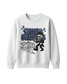 White sweatshirt with graphic design and text on a white background