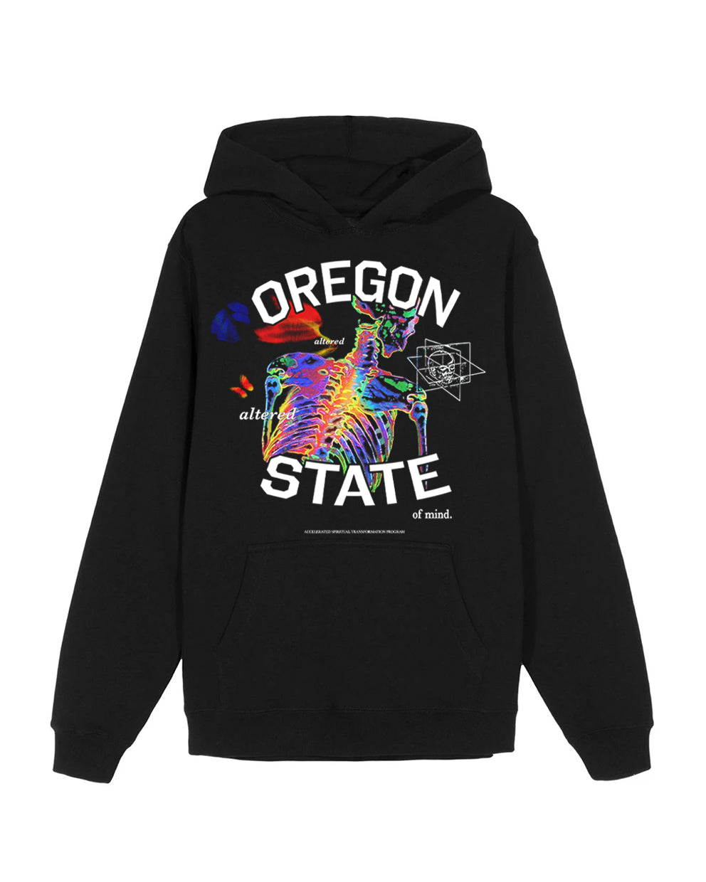 Black Oregon State of Mind hoodie with colorful psychedelic skeleton graphic on white background